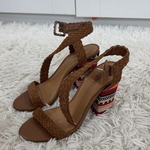 Braided Brown Sandals with Multicolor Heel